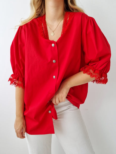 Vintage Hot Red Puff Sleeve Blouse XXL