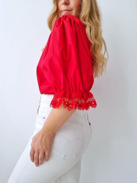 Vintage Hot Red Puff Sleeve Blouse XXL