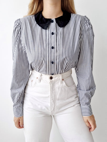 Vintage Striped Velvet Collar Blouse