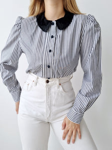 Vintage Striped Velvet Collar Blouse