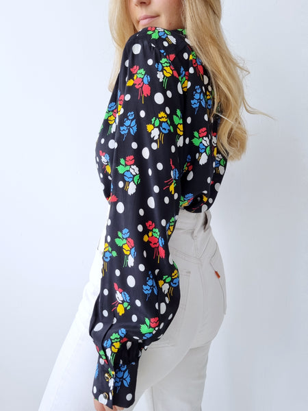 Vintage Pure Silk Floral and Polka Dots Blouse