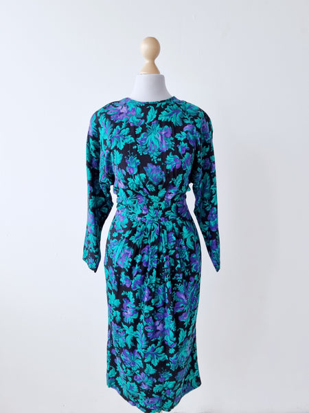 Vintage Turquoise and Purple Floral Midi Dress