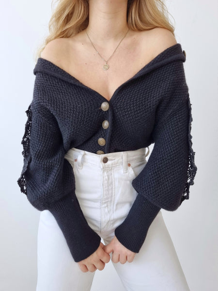 Vintage Crochet Lace Mutton Sleeve Cardigan