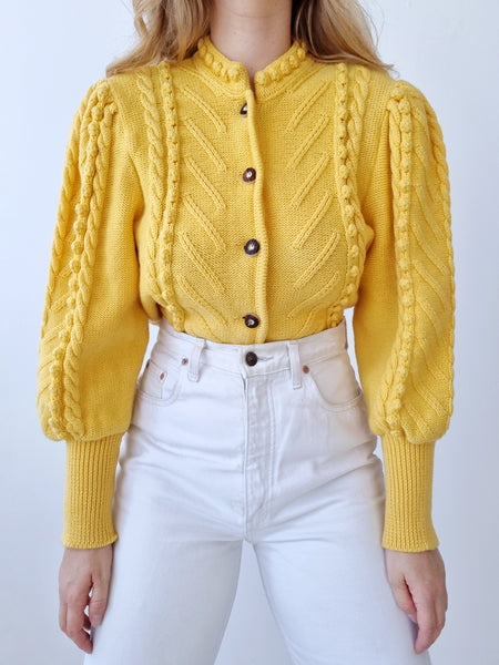 Vintage Yellow Pom Pom Mutton Sleeve Cardigan