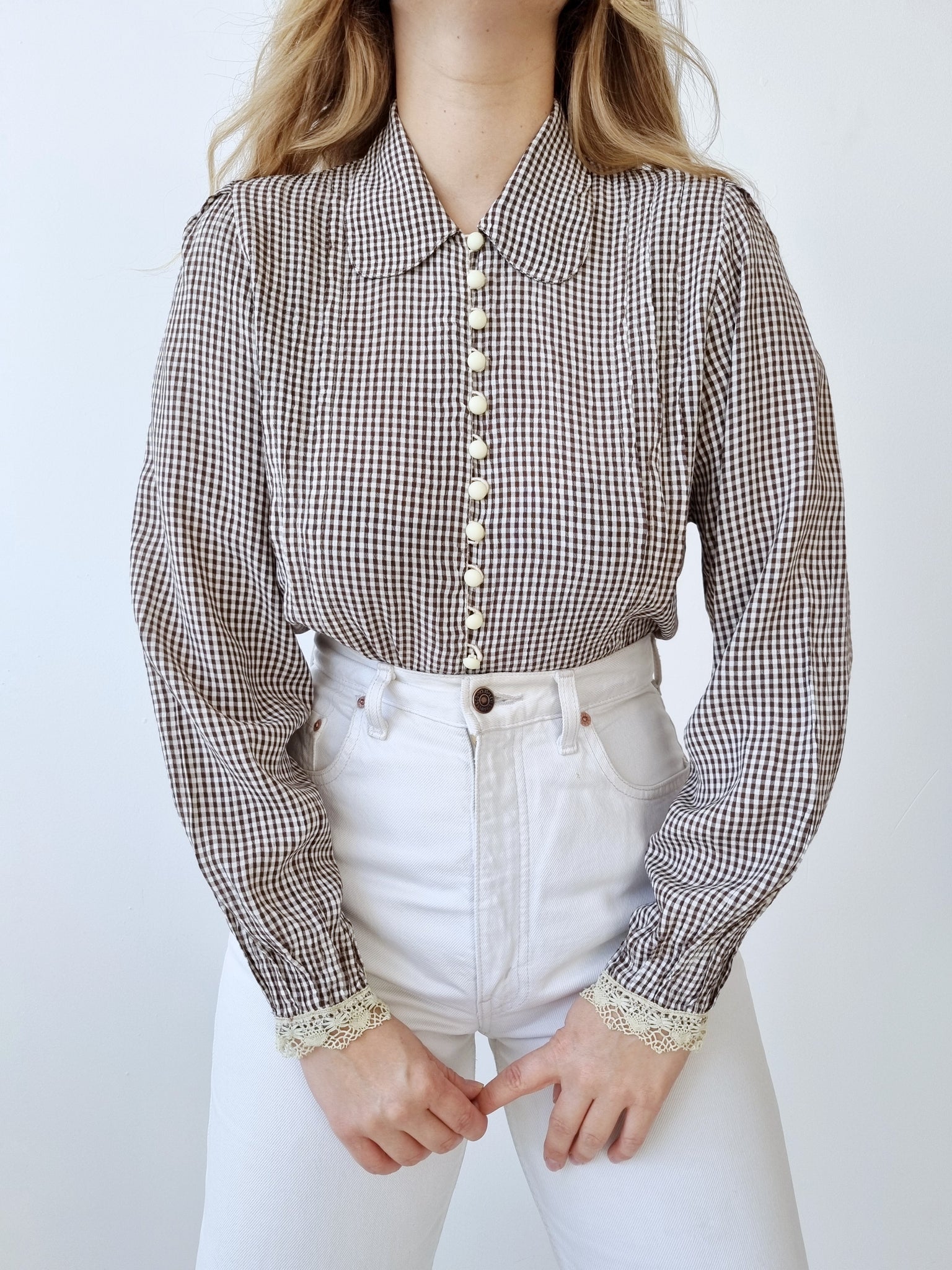 Vintage Brown Lace Gingham Blouse