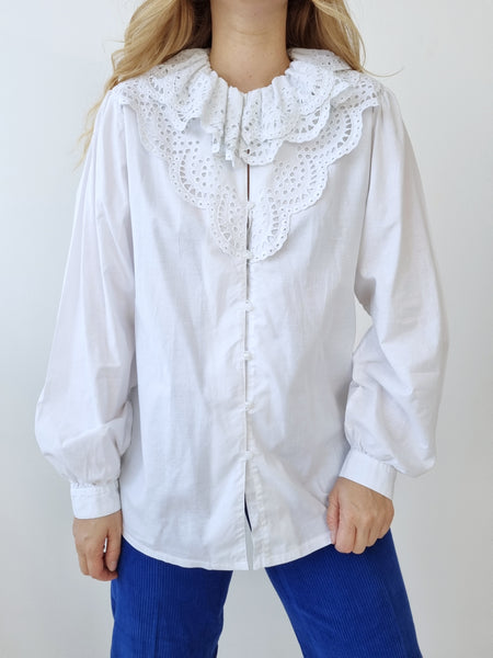 Vintage Ruffled Lace Collar Cotton Blouse