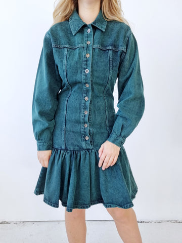 Vintage Stone Washed Green Cotton Jeans Dress