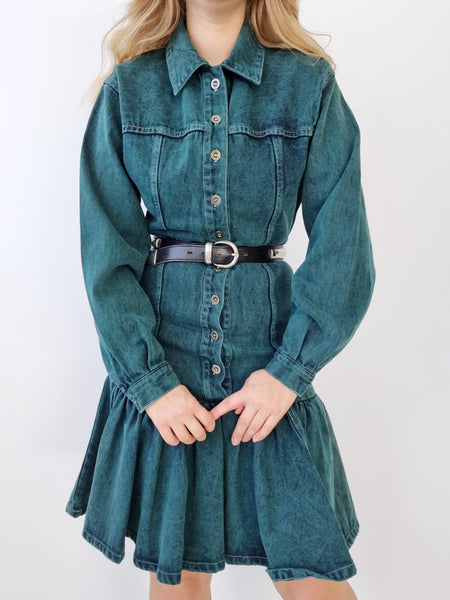 Vintage Stone Washed Green Cotton Jeans Dress