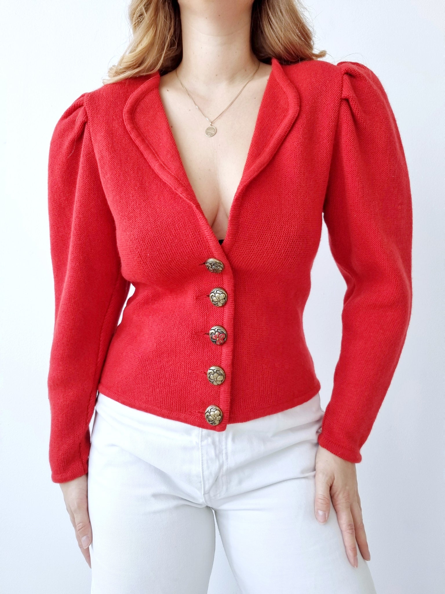 Vintage Red Puff Sleeve Cardigan