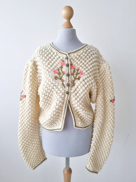 Vintage Handmade Roses Popcorn Knit Cardigan