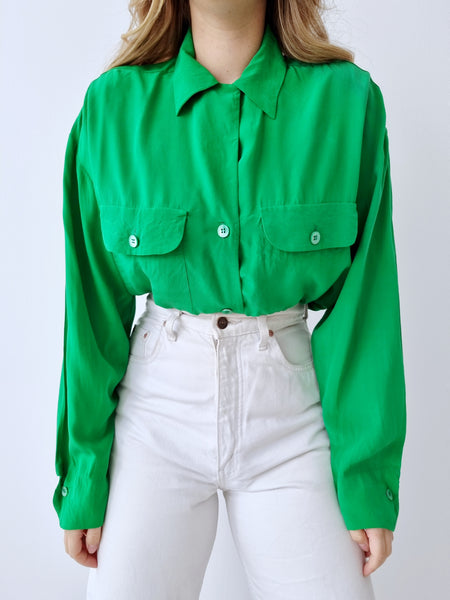 Vintage Long Green Silk Blouse