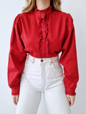 Vintage Romantic Red Cotton Blouse