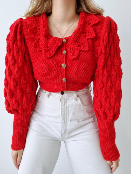 Vintage Handmade Red Puff Sleeve Cardigan