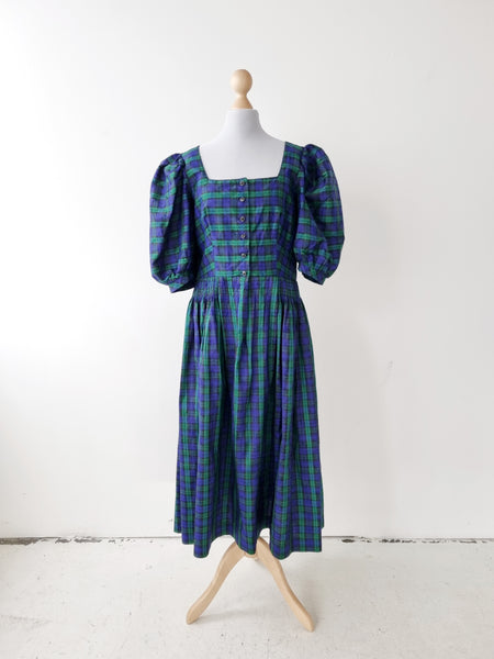 Vintage Tartan Puff Sleeves Silk Dress