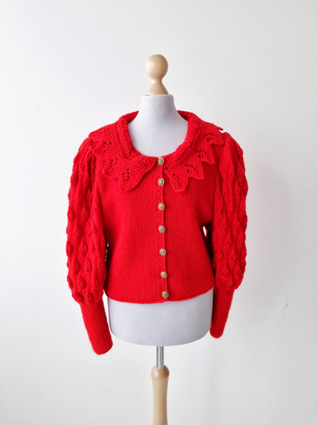 Vintage Handmade Red Puff Sleeve Cardigan