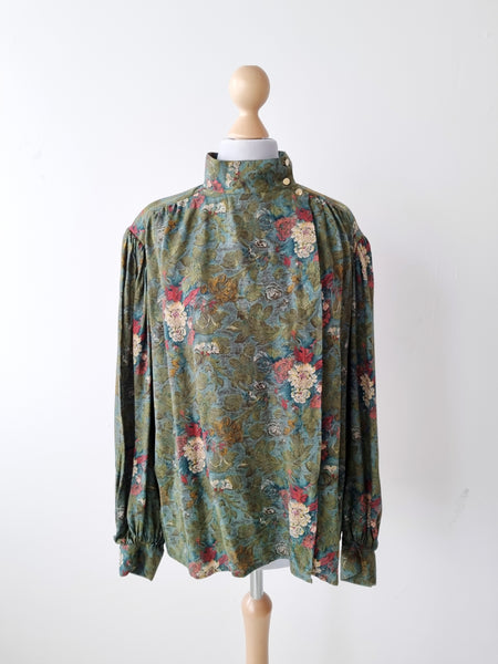 Vintage Sartorial Green Roses Silk Blouse