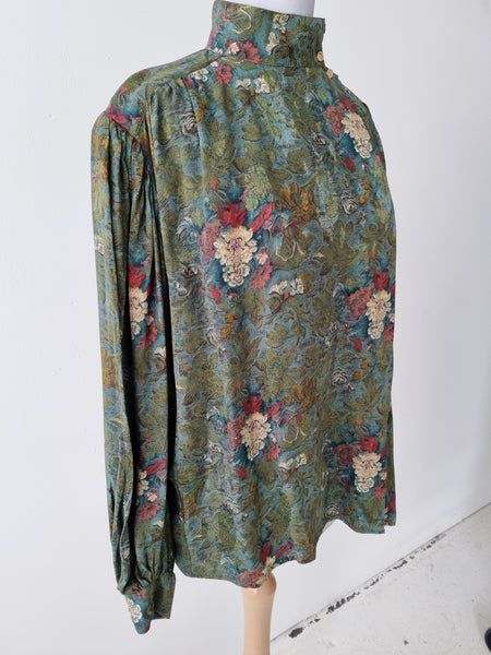 Vintage Sartorial Green Roses Silk Blouse