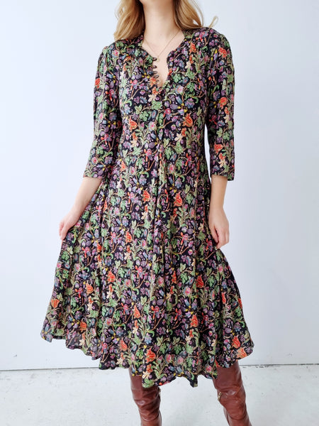 Vintage Floral Folklore Silk Dress