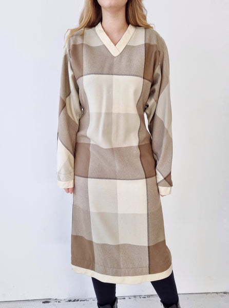 Vintage Beige Checked Wool Dress
