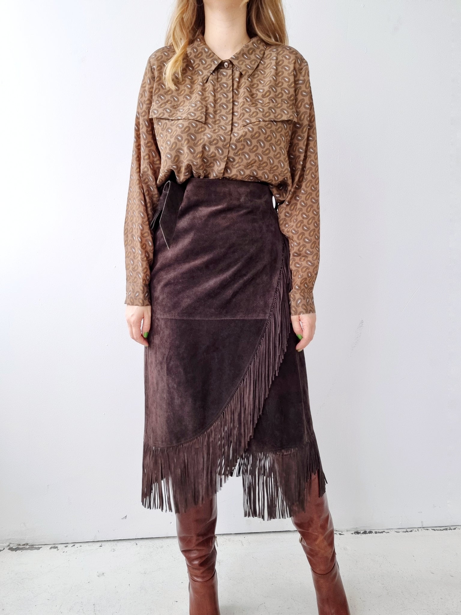 Vintage Wrap Leather Fringe Skirt