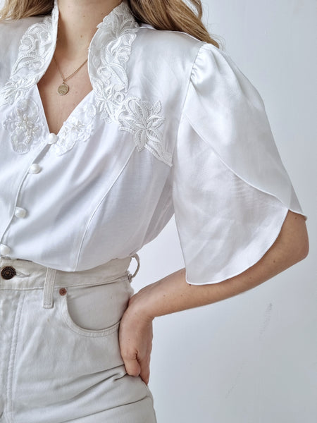 Vintage Satin Pearl Sleeves Blouse