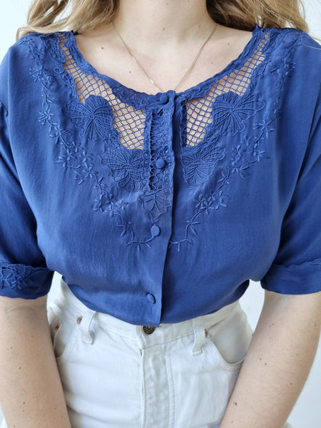 Vintage Marine Bluse Lace Silk Blouse
