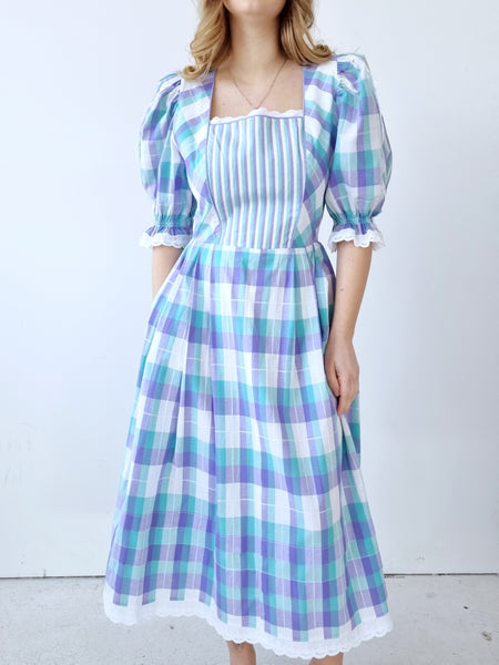 Vintage Pastel Plaid Puff Sleeves Dress