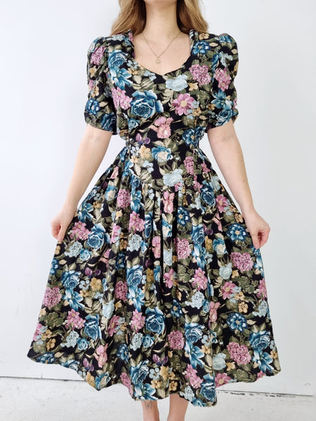 Vintage Dark Floral Puff Sleeve Dress I