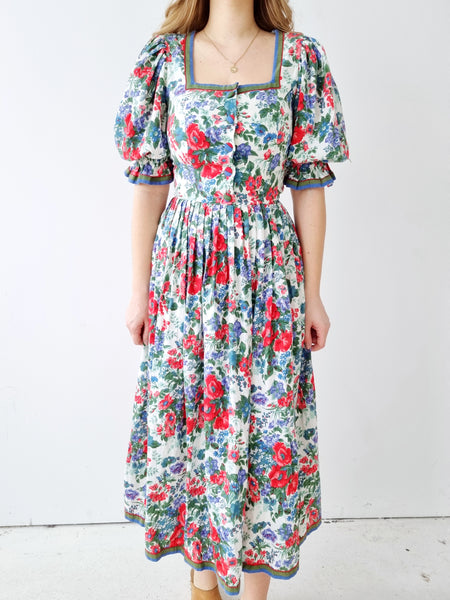Vintage Blooming Peony Puff Sleeves Dress