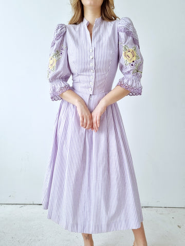 Vintage Lilac Buttery Roses Puff Sleeves Dress