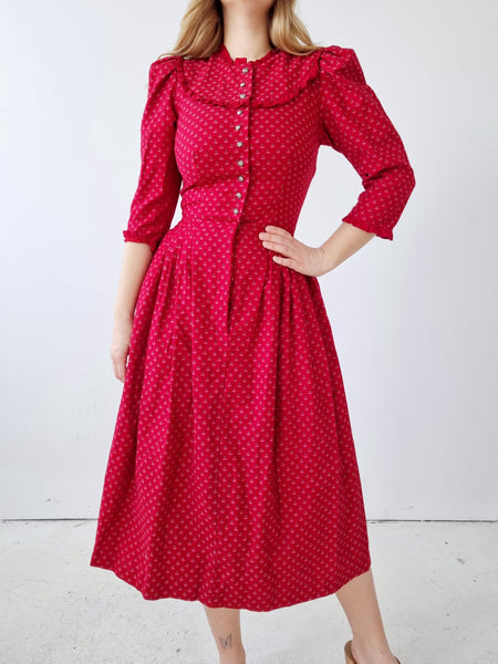 Vintage Red Minimal Floral Print Midi Dress