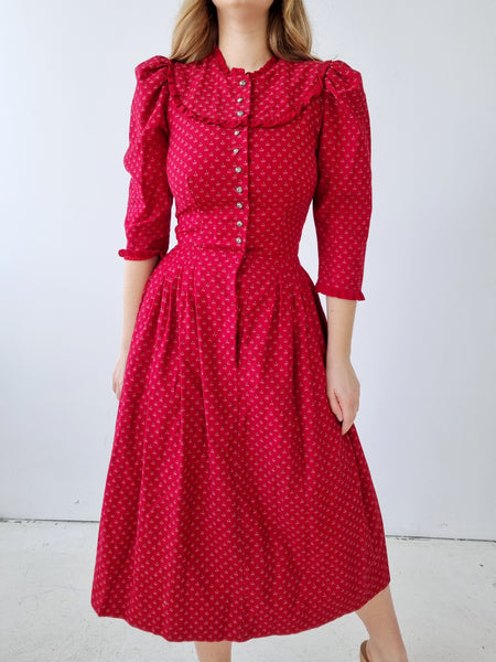 Vintage Red Minimal Floral Print Midi Dress