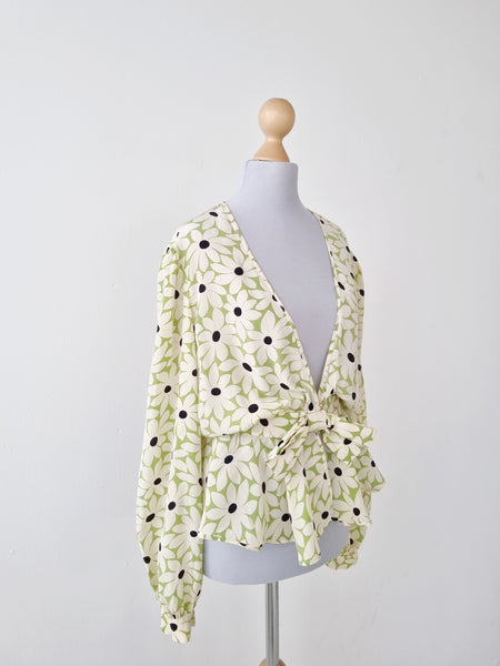 Vintage Floral Green Silk Blouse