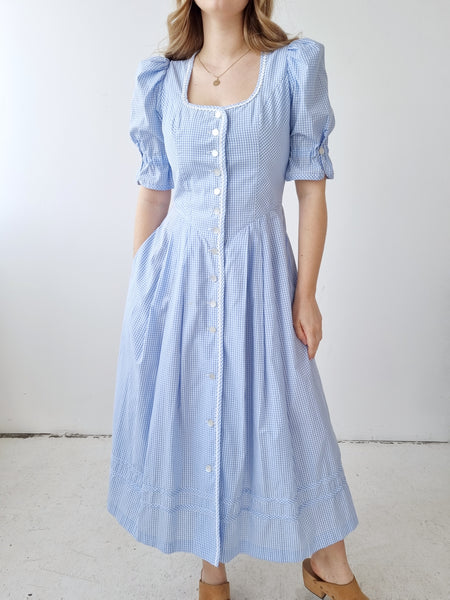 Vintage Baby Blue Gingham Puff Sleeves Dress
