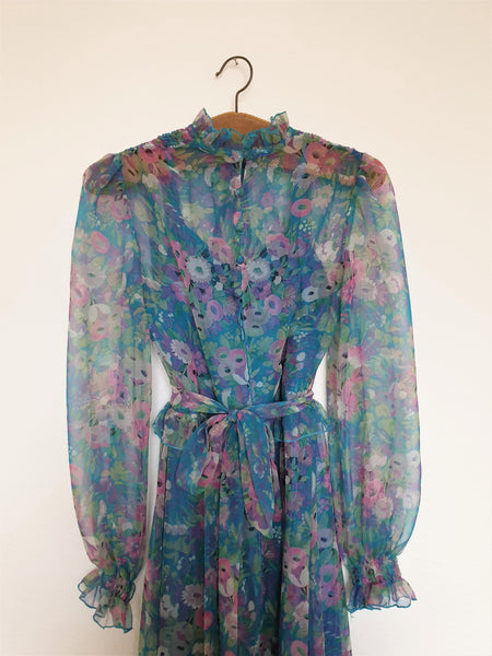  80s Aqua Flower Print Maxi Dress