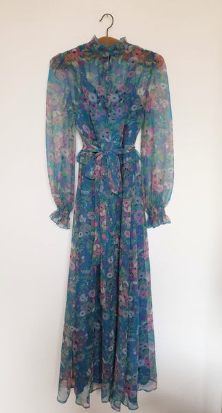  80s Aqua Flower Print Maxi Dress