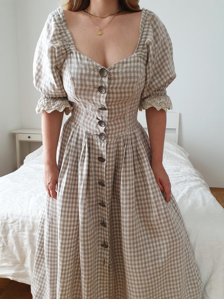 Vintage Beige Gingham Maxi Dress
