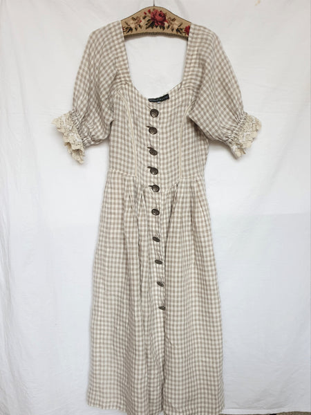 Vintage Beige Gingham Maxi Dress