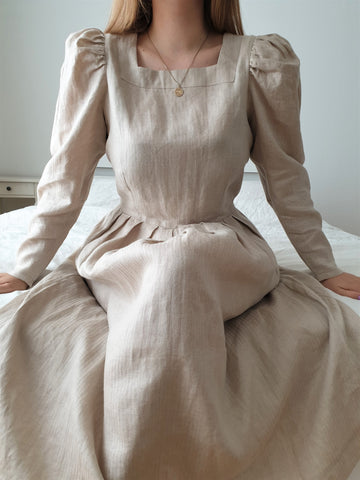  Vintage Beige Puff Sleeve Dress