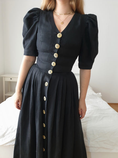  Vintage All Black Linen Puff Sleeve Dress