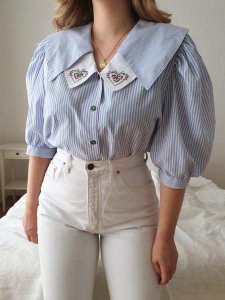  Vintage Heart Embroidered Striped Blouse