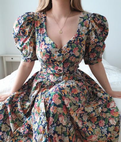  Vintage Classic Flower Print Maxi Dress