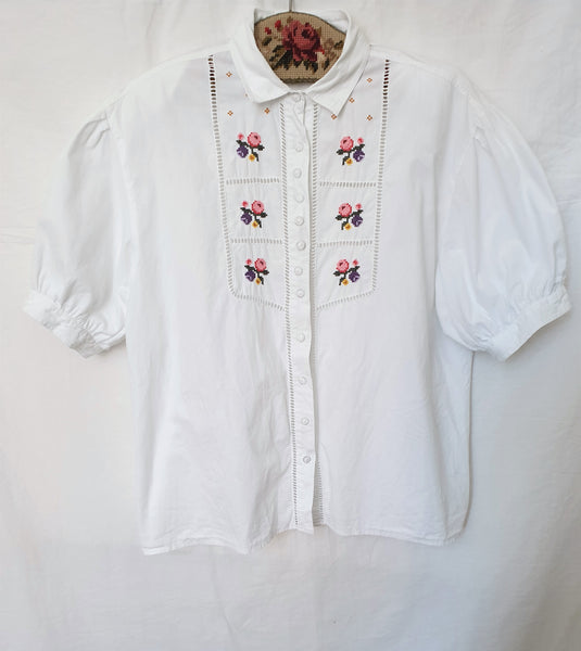 Vintage Floral Embroidered White Blouse