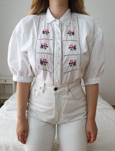 Vintage Floral Embroidered White Blouse