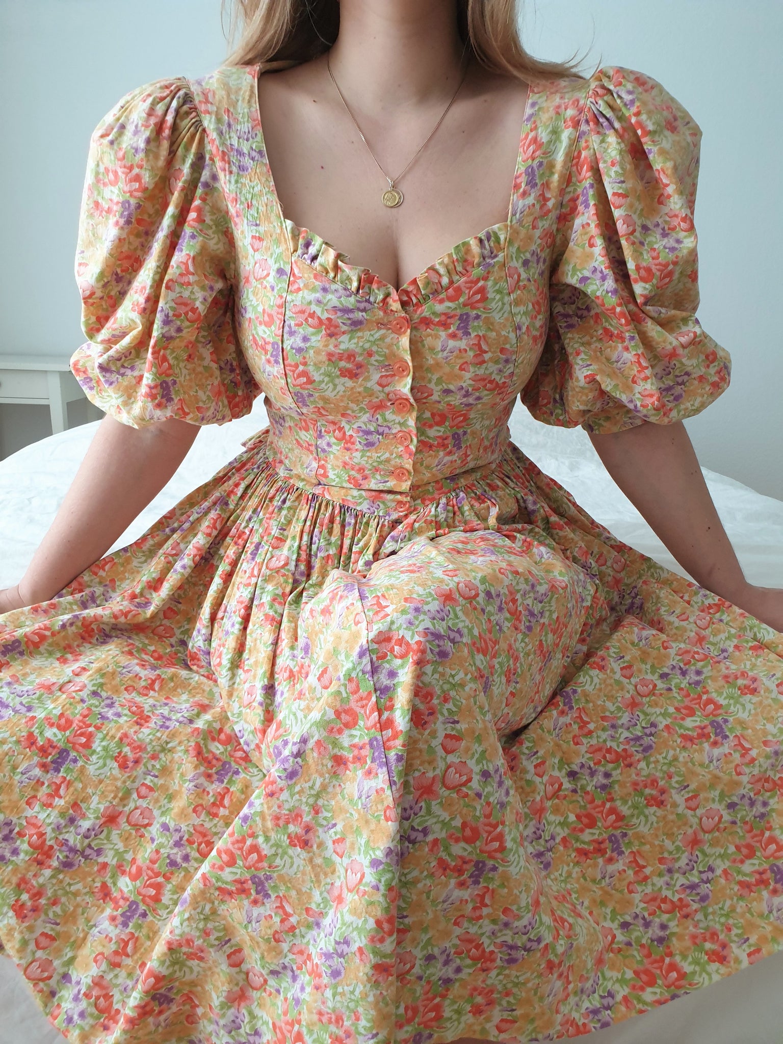  Handmade Floral Puff Sleeve Midi Dress