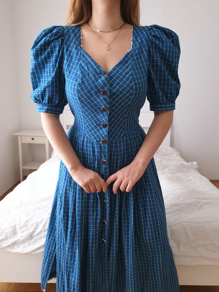  Vintage Vibrant Blue and Green Gingham Puff Sleeve Dress