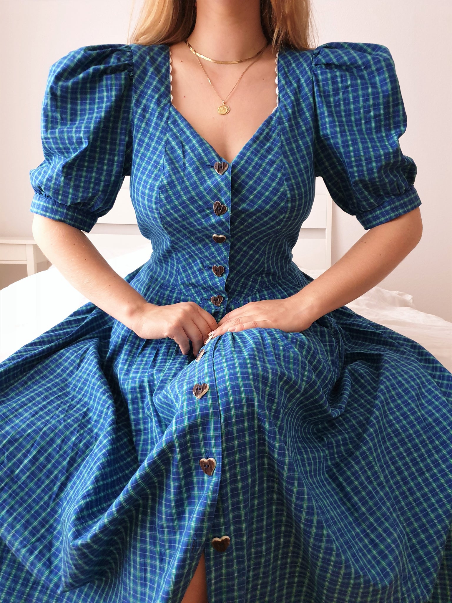  Vintage Vibrant Blue and Green Gingham Puff Sleeve Dress