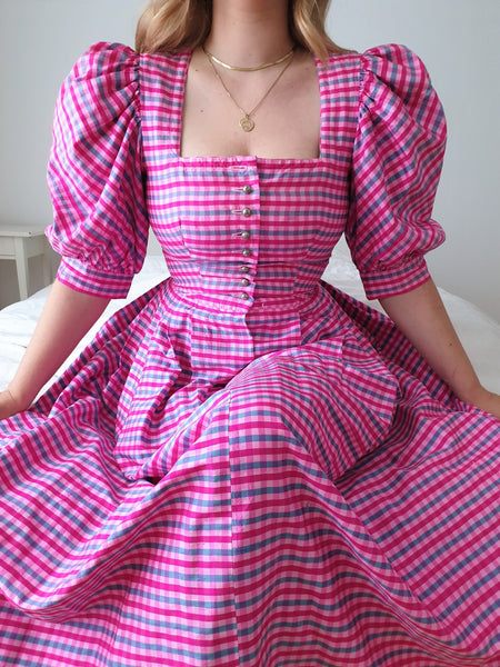  Vintage Pink Gingham Puff Sleeve Dress