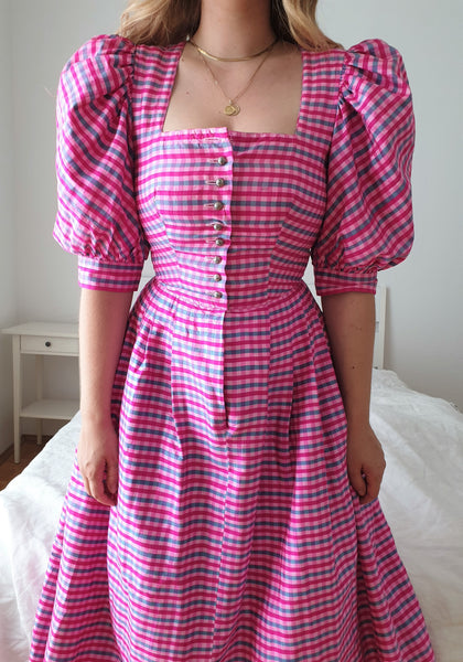  Vintage Pink Gingham Puff Sleeve Dress