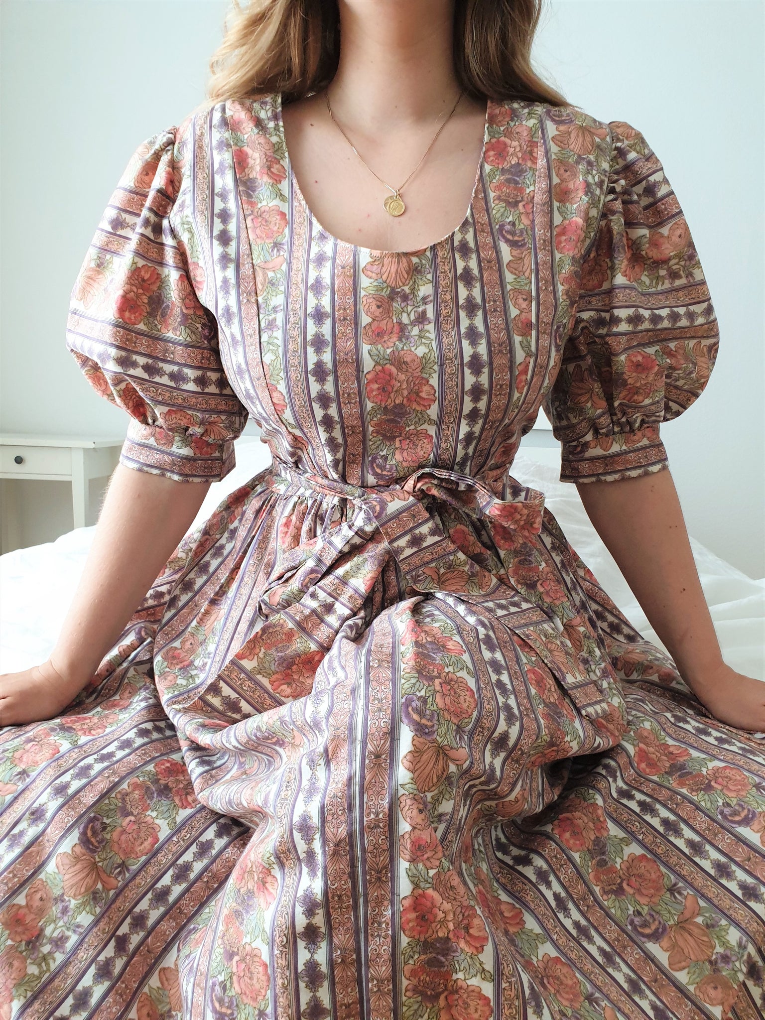 Vintage Handmade Mixed Print Puff Sleeve Dress